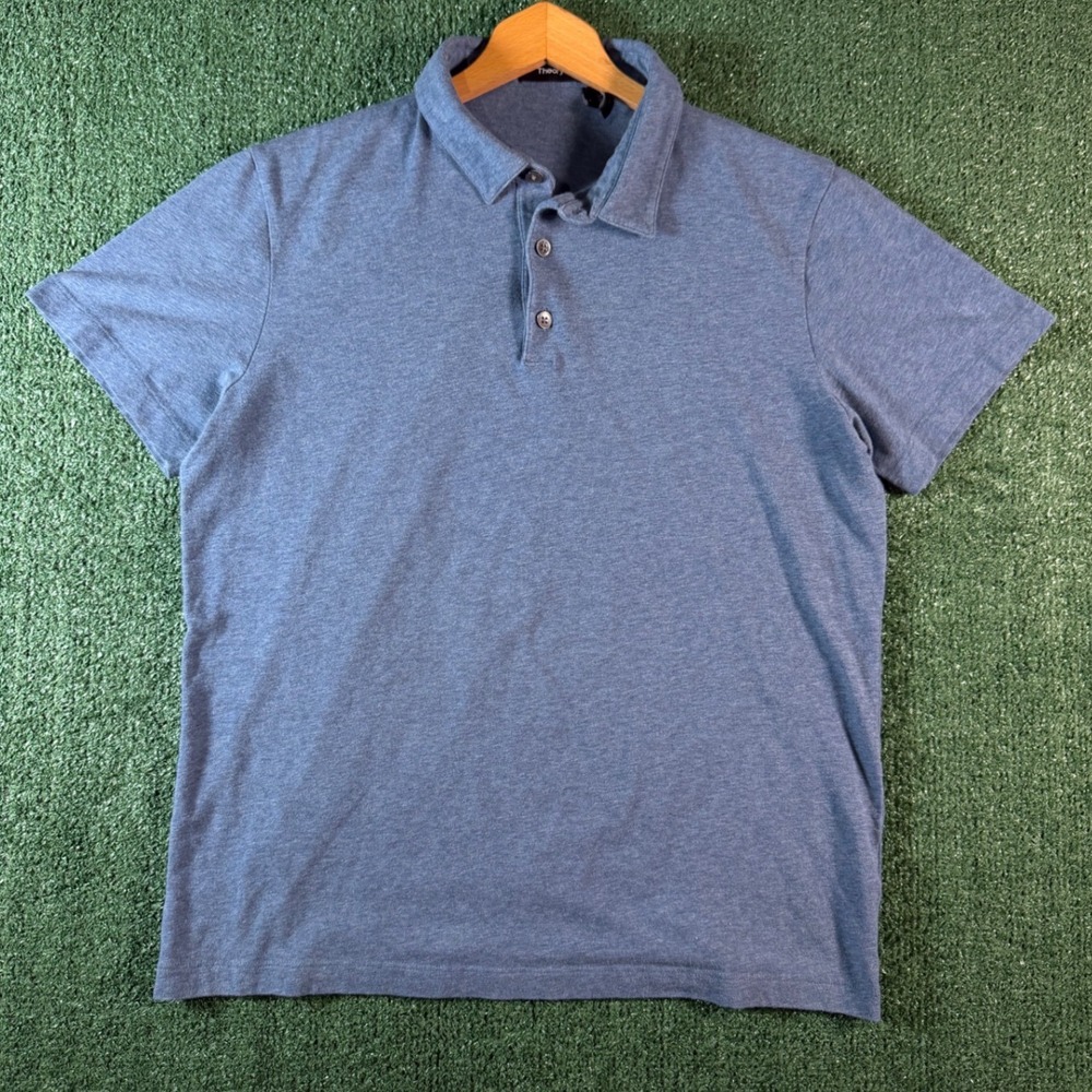 Theory Polo Shirt Mens L Blue Good Bron B. Cardasis Cotton Blend Short Sleeve